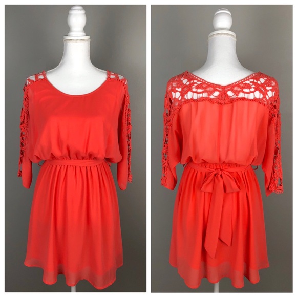 Umgee Dresses & Skirts - 5/$25☀️ Crochet Lace 3/4 Sleeves Belt Dress Coral